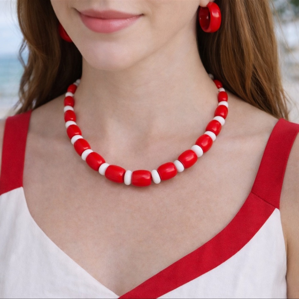 Vintage Red and White Beaded Necklace and Earring Set